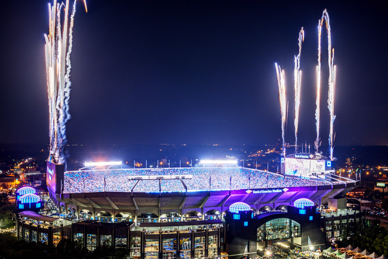 Stadium with fireworks at night
