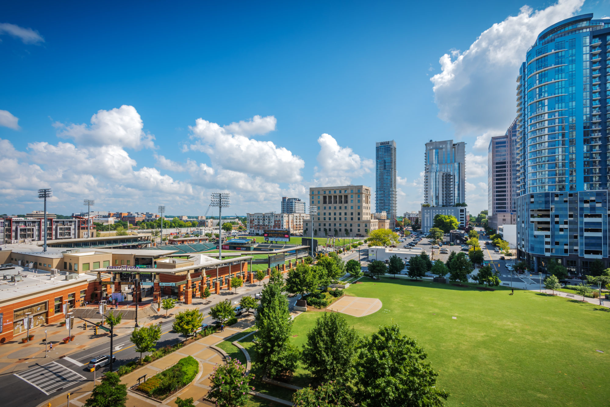 Views of Truist Field and Romare Bearden Park in Uptown Charlotte
